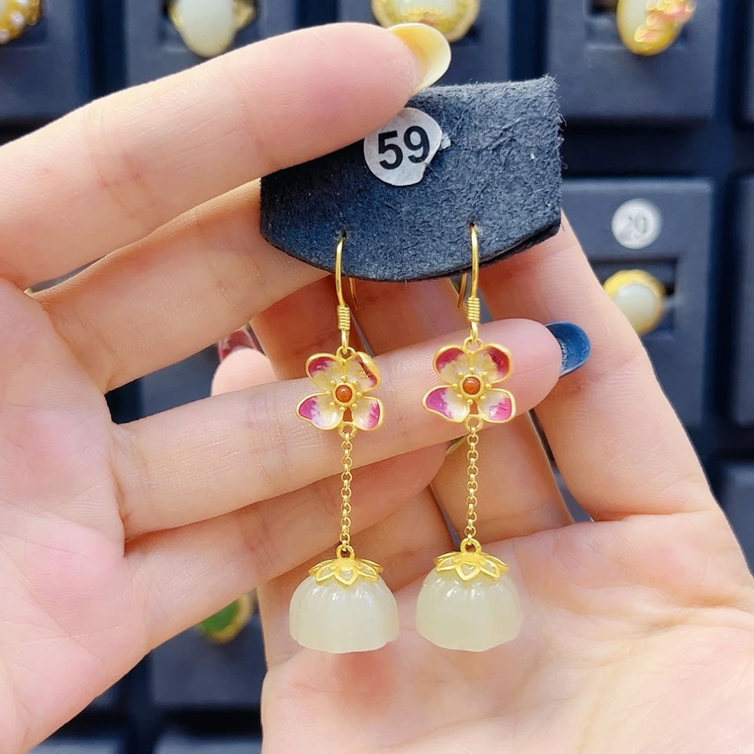 和田玉银S925镀金镶嵌耳饰