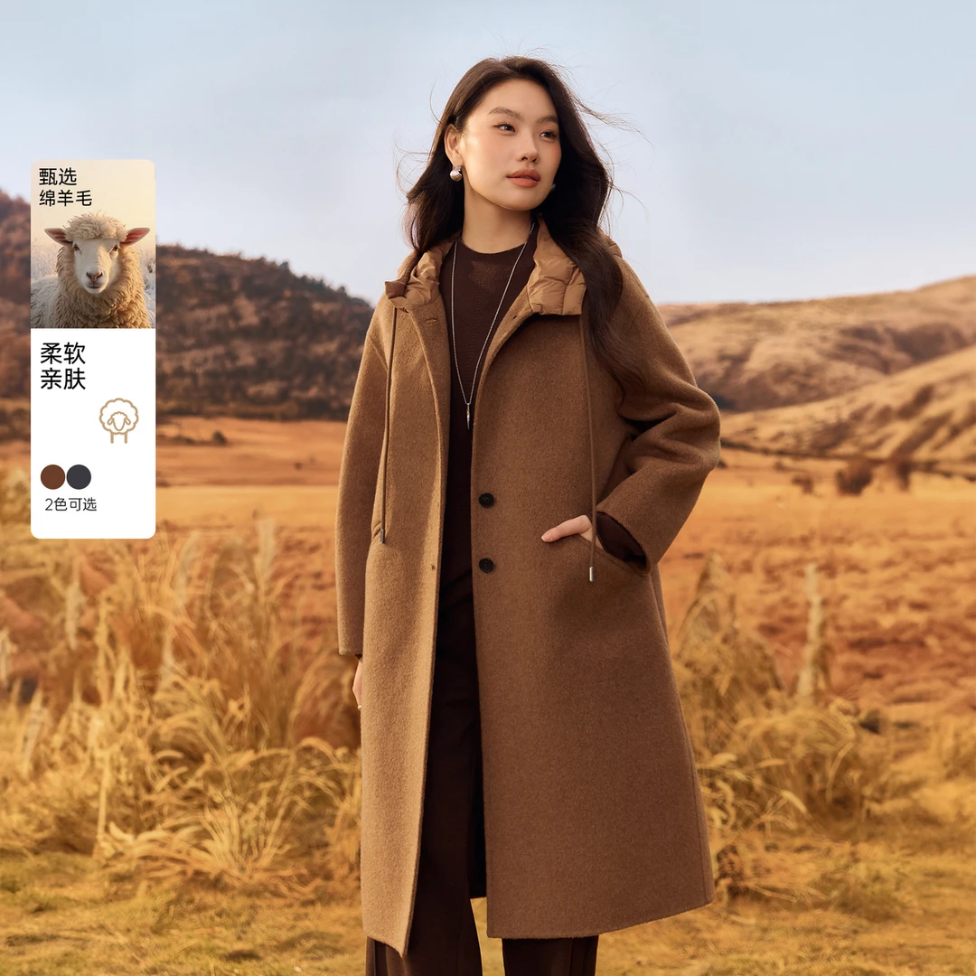【琥珀】纤莉秀大码女装流光风100绵羊毛连帽毛呢长款外套QK3497