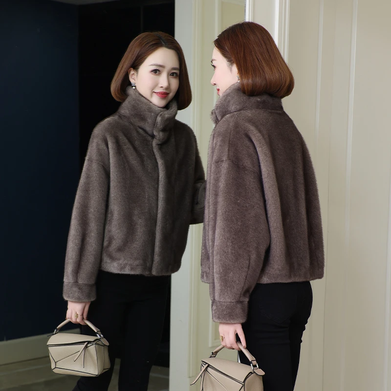 仿水貂绒立领2025新款秋冬韩版貂绒雪兰貂皮草短款羊剪绒大衣外套