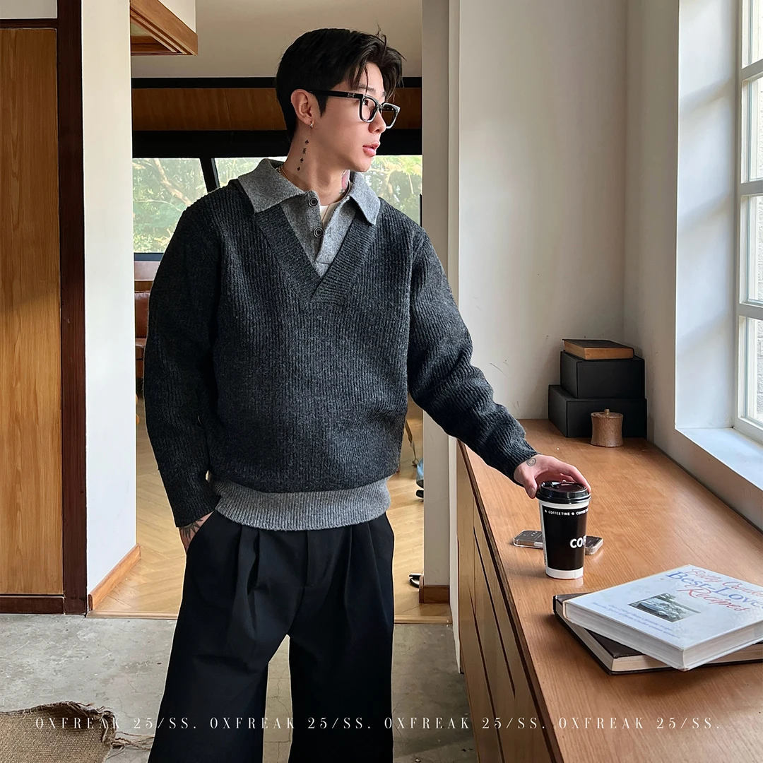 OXFREAK「假两件 老钱风」高级感秋冬季套头毛衣男宽松针织衫百搭