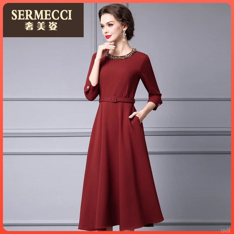 奢美姿新款收腰圆领长款裙子2025春秋七分袖爆款酒红色连衣裙