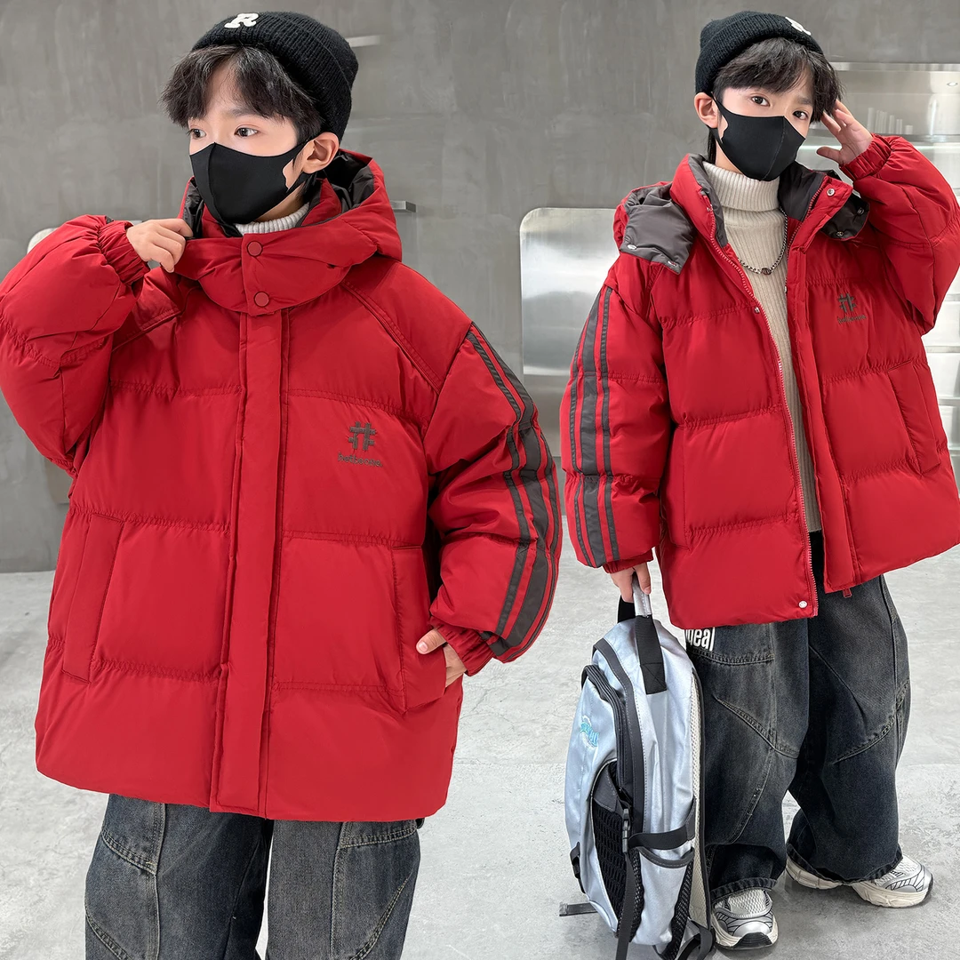 男童外套冬季中大童加厚保暖条子绣花棉服儿童棉衣