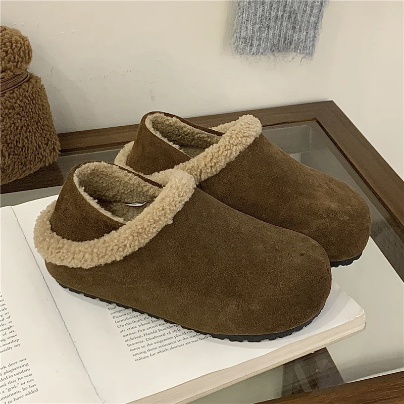 首谷SHOUGU加绒勃肯鞋女2025冬季包头半拖鞋毛毛保暖厚底乐福鞋