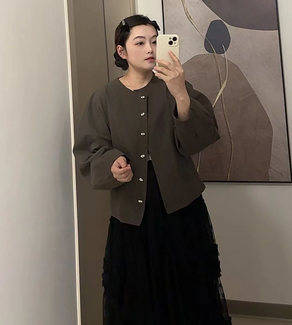 sp韩国圆领短款风衣简约日系复古苎麻外套女宽松开衫休闲上衣