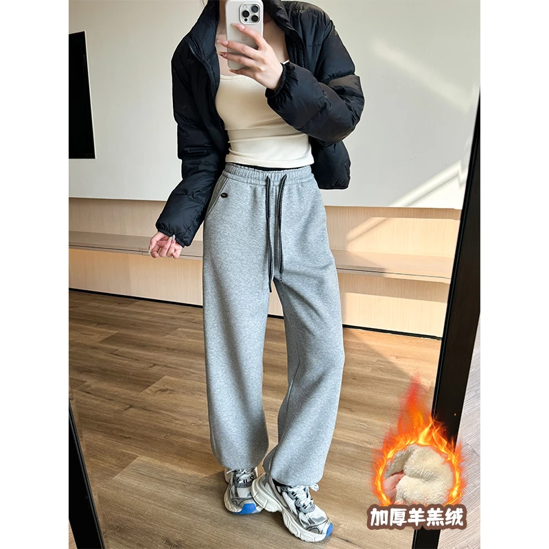 韩版加绒加厚束脚卫裤2025冬季女装显瘦百搭休闲裤字母运动裤卫裤