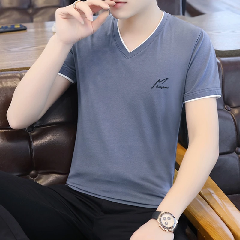 夏装男士鸡心领短袖t恤男V领纯棉上衣服潮流修身夏天薄款休闲体恤