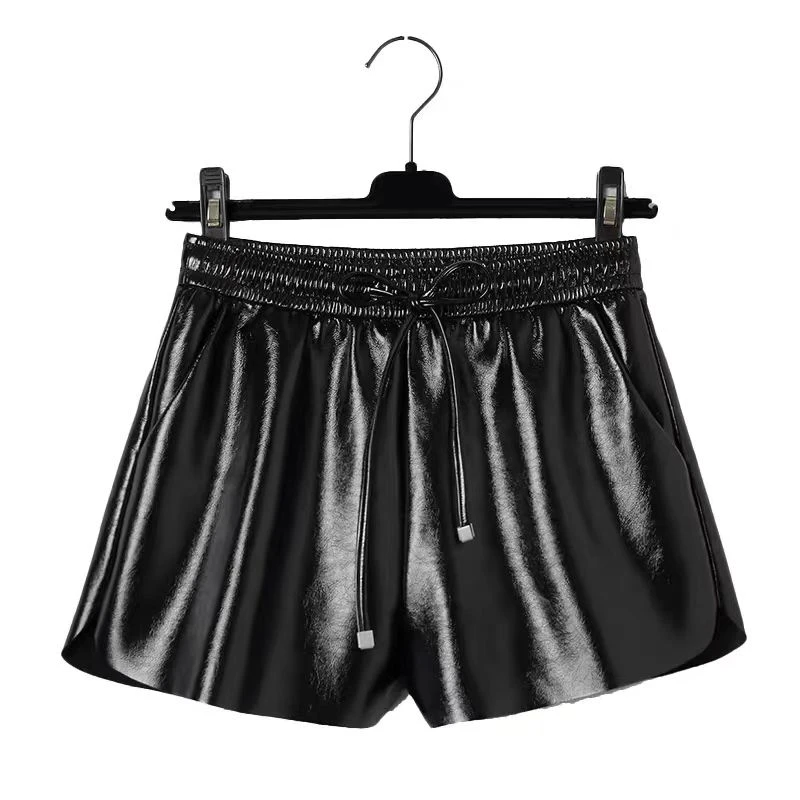333【裤长33】皮短裤女秋冬新款韩版高腰显瘦松紧腰亮皮a字阔腿短裤