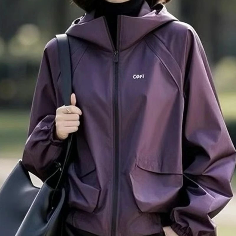 B32 设计感超好看单穿显瘦复古连帽紫色