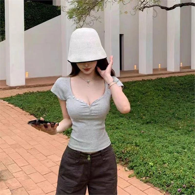 V领灰色福利款短袖T恤女夏季纯欲辣妹修身百搭时尚