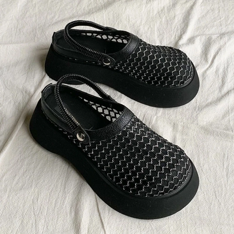 网面镂空两穿凉鞋女夏季新款厚底增高休闲网纱学生透气包头凉拖鞋