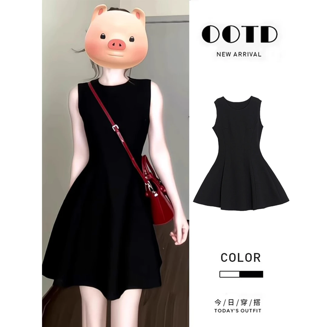 无袖黑色连衣裙夏女2025新款法式小个子收腰短裙修身a字小黑裙子