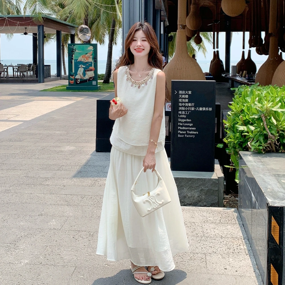 清纯夏日穿搭甜美减龄米白色时尚套装裙女小香风度假风两件套裙子