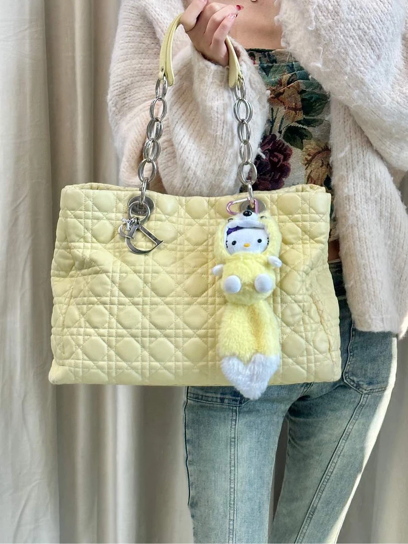 95新 DIOR/迪奥  dior 奶油黄七格戴妃tote单肩包