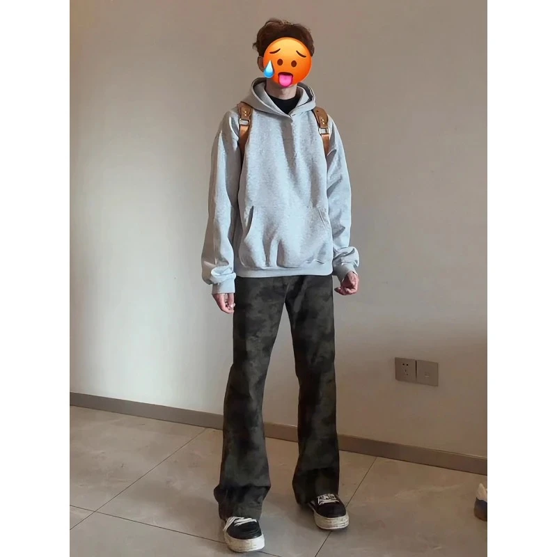 美式加绒迷彩牛仔裤男秋冬痞帅高街vibe直筒裤子潮牌穿搭微喇长裤