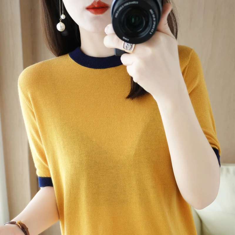 【A436】精纺羊毛拼色圆领打底衫