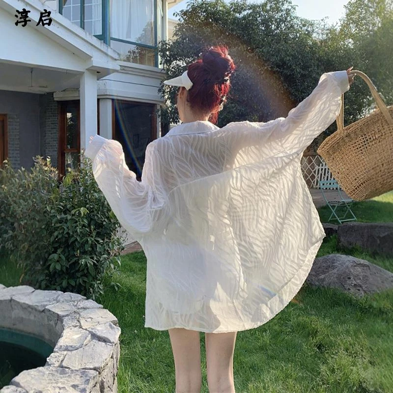 淳启时尚休闲中长款防晒衬衫女夏外搭衬衣遮屁股慵懒薄纱罩衫上衣