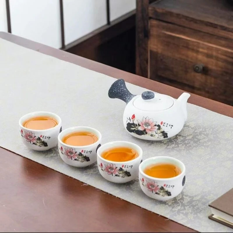 雪花釉侧把壶复古茶具一壶四杯   S-3494