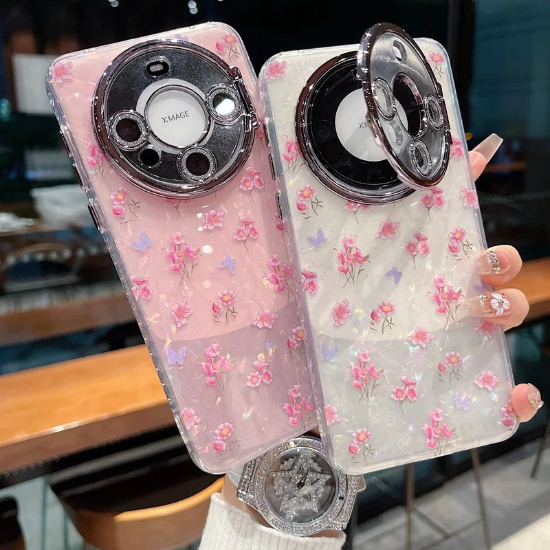 适用华为mate70系列新款手机壳高级贝壳纹碎花全包镜头膜翻盖支架