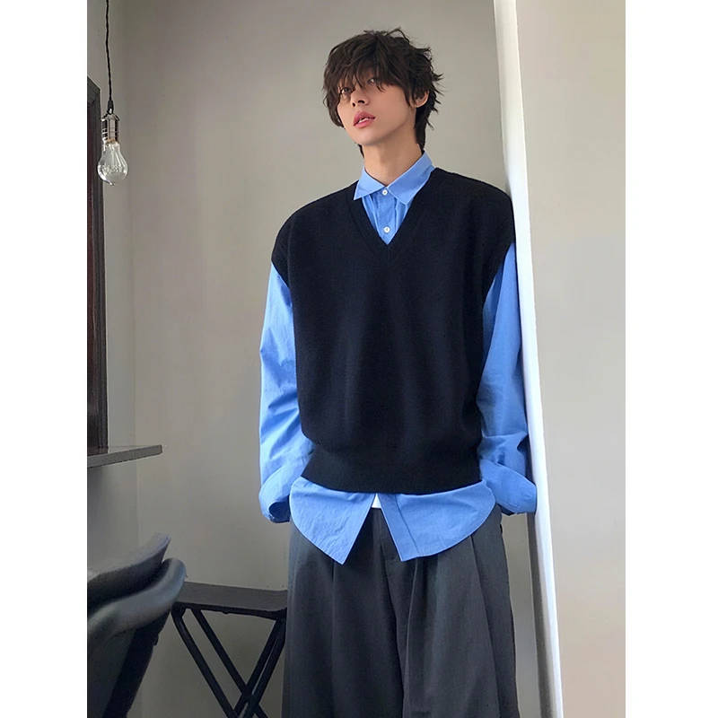 韩系慵懒风针织马甲男秋冬学院风dk制服外穿背心V领坎肩毛衣外套