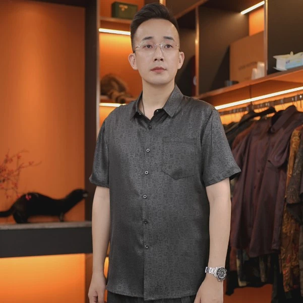 重缎油皮老料香云纱桑蚕丝新中式短袖衬衫国风男装