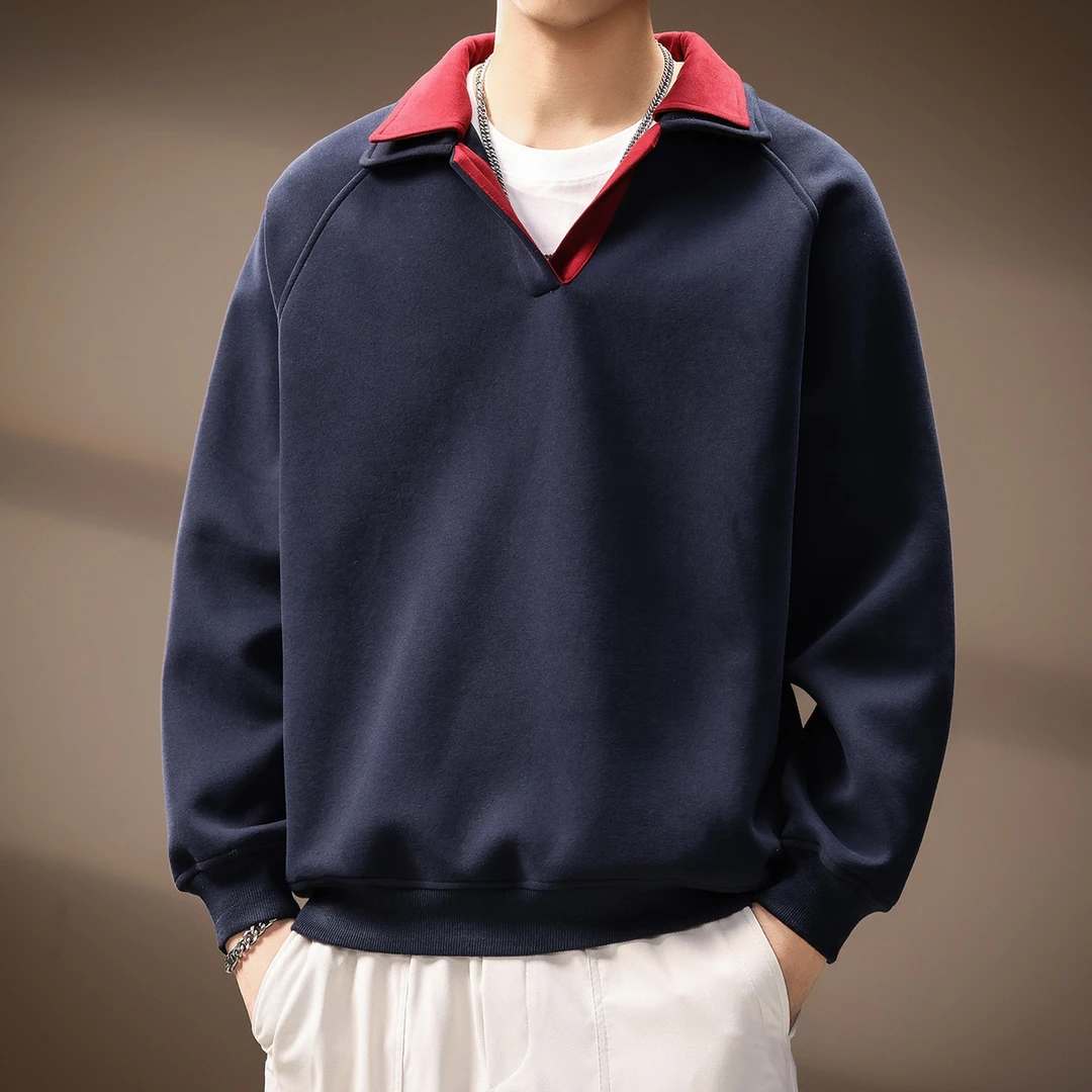 高级感法式翻领假两件Polo衫男秋季新款32支休闲宽松潮牌套头休闲