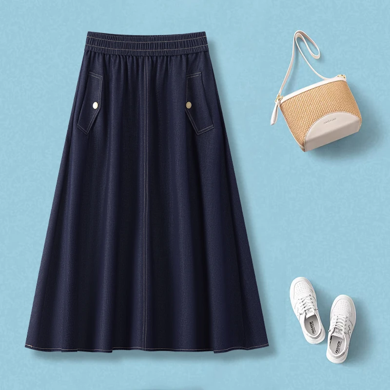 科技牛仔半身裙显瘦半身裙女清凉高腰松紧腰气质时尚夏季A字简约