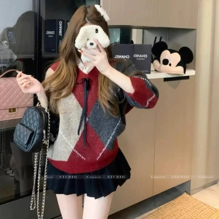 A#8172复古撞色软糯长袖女冬季减龄显瘦设计感蝴蝶结系带宽松毛衣