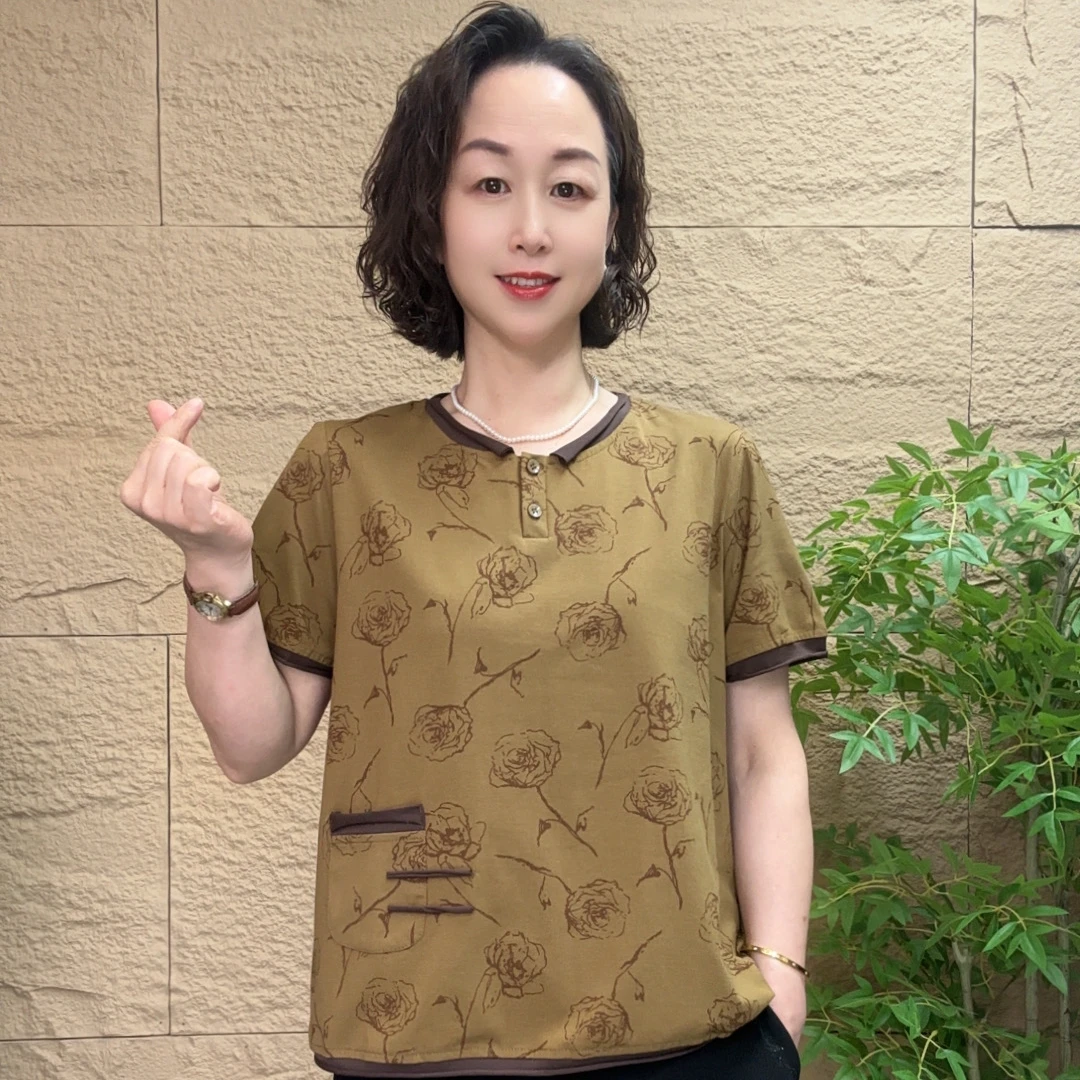 夏季新款圆欧若领盘扣中老年气质妈妈装时尚百搭显瘦气质洋气上衣