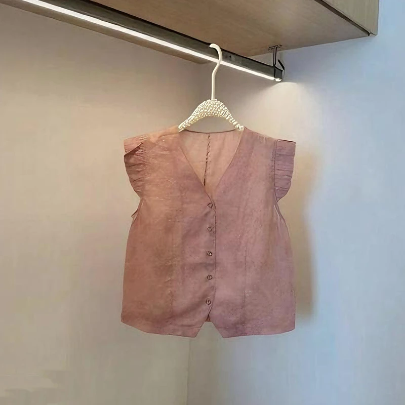 2025夏季新款简约气质V领坎肩袖提花小衫单排扣时尚国风上衣女潮