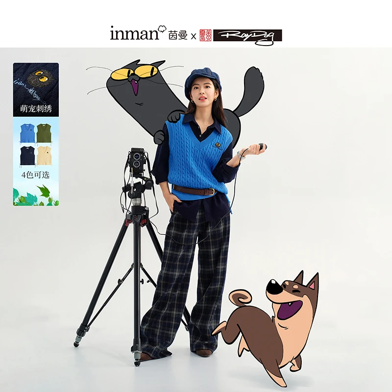 茵曼2025冬季女装新款米雷联名合作老钱风英伦绞花针织马甲背心