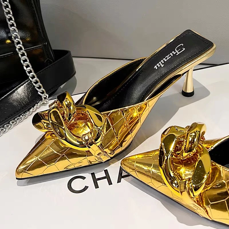 果果家 金色时尚包头高跟时装优雅女士尖头高跟鞋