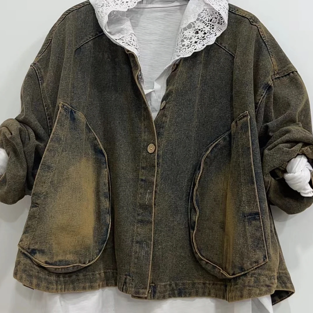 5511早秋潮牌圆领炒色系牛仔外套宽松甜辣风