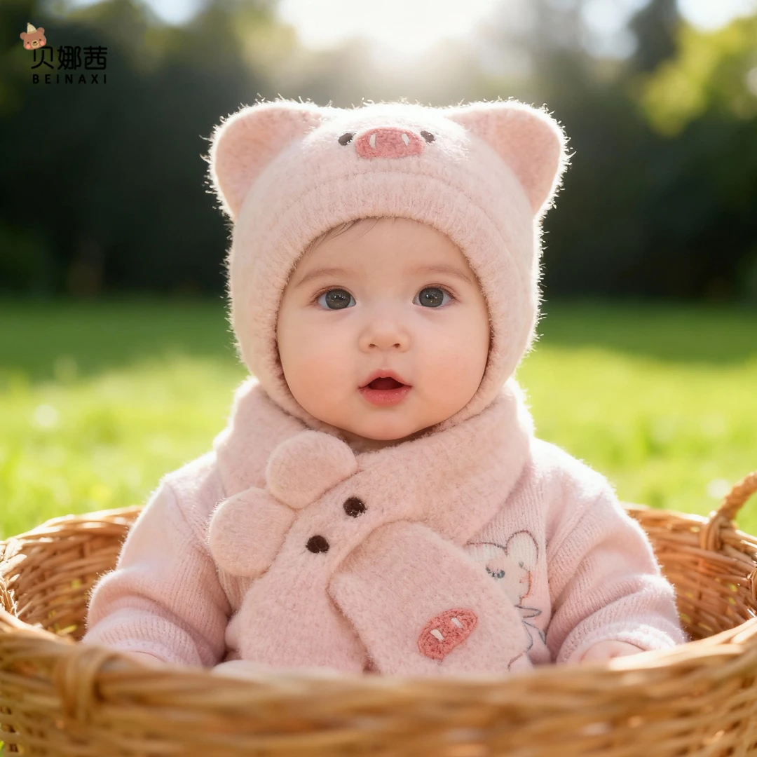 Beinaqian/贝娜茜婴儿帽子秋季宝宝女卡通毛线帽保暖防风针织帽婴