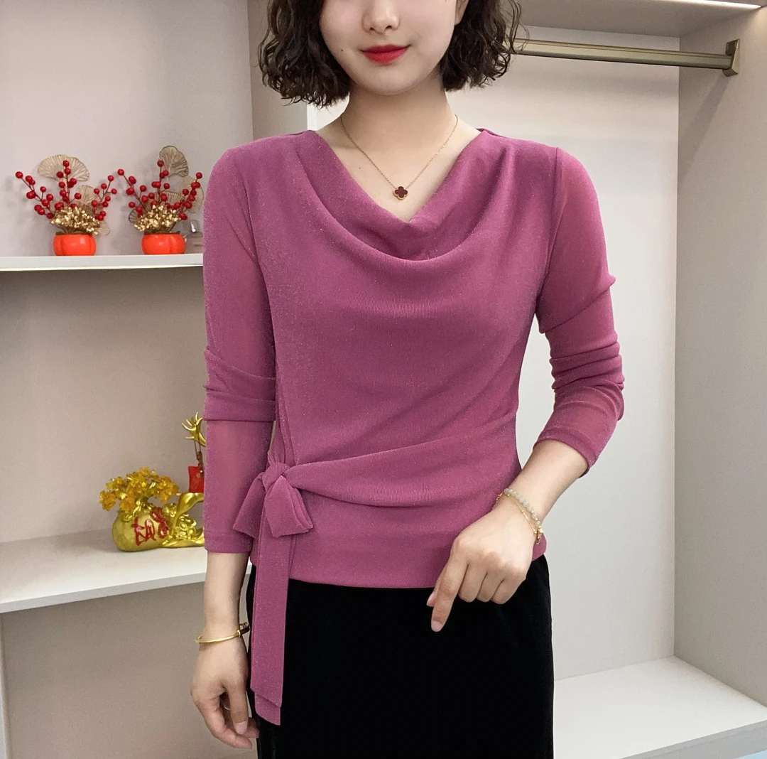 2025早秋新款时尚堆堆领系绳设计长袖小衫气质显瘦百搭妈妈装FF11