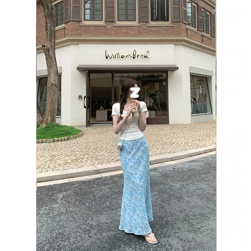 【荷风沁夏】蓝色碎花半身裙女慵懒风温柔显瘦高腰长款鱼尾半裙夏季