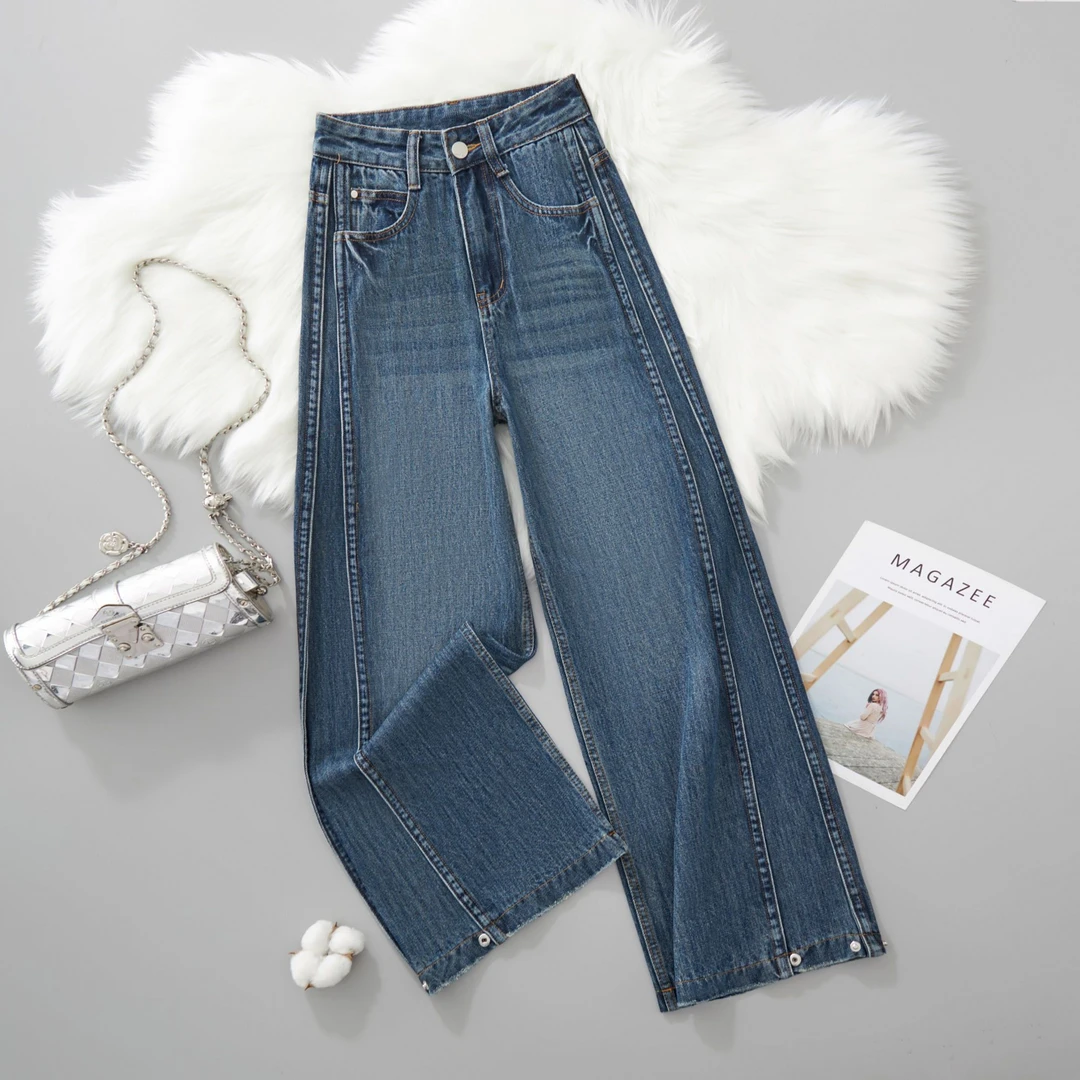 【爆款上新】夏季新款复古蓝中高腰时尚百搭美式窄版阔腿牛仔裤9519