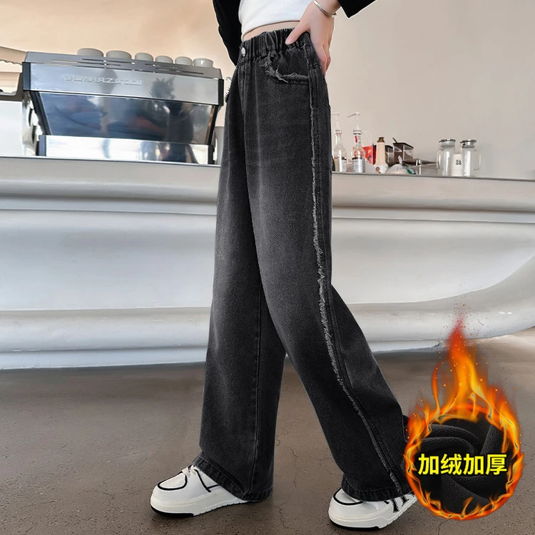 女童牛仔裤新款2025爆款儿童加绒裤子大童10-15岁直筒裤秋冬加厚
