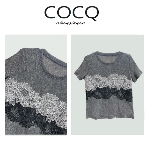 【COCQ】黑白蕾丝布贴拼接亮片钩花镂空短袖上衣夏季亲肤透气