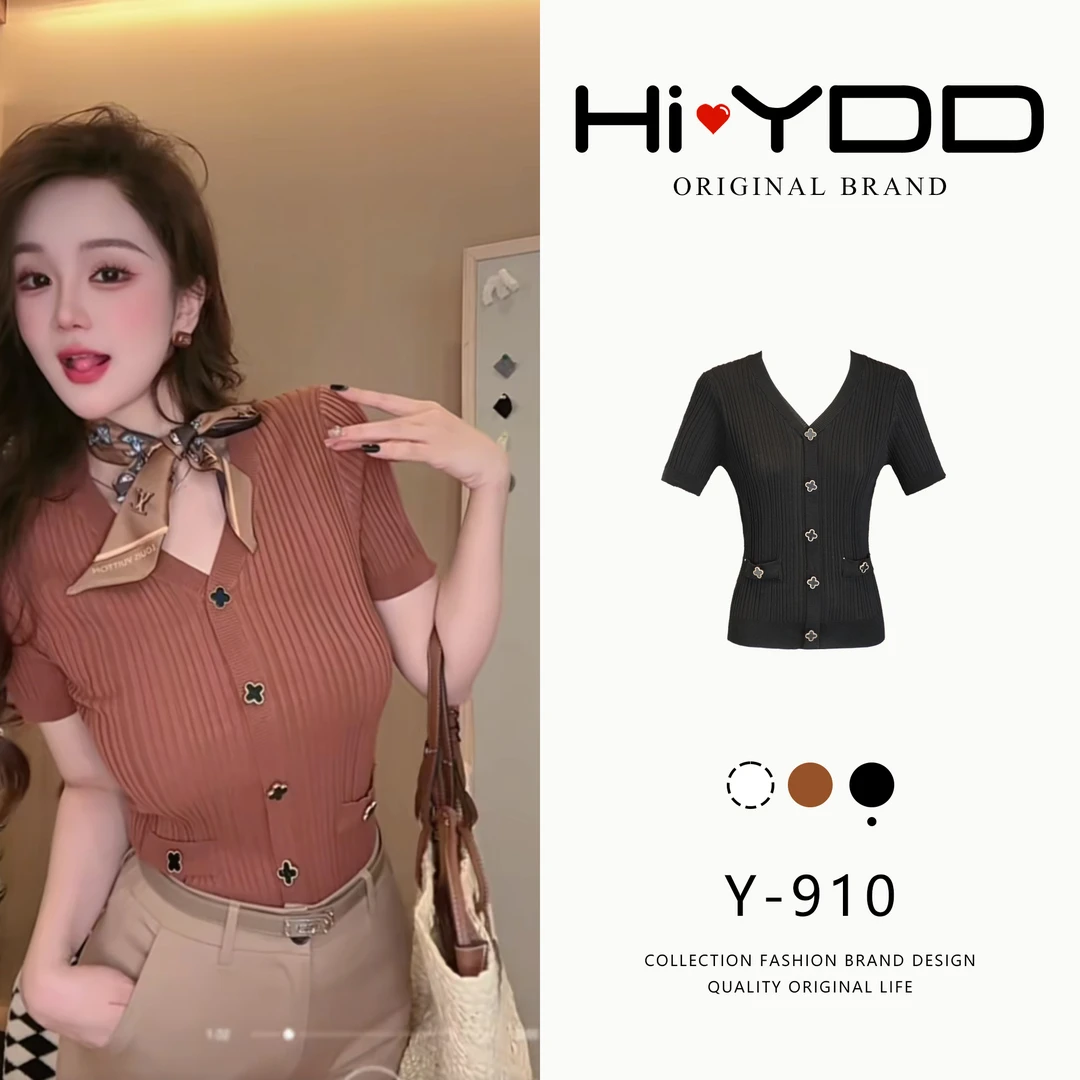 YDD•「Y-910」轻奢气质小香风V领金属扣短袖针织上衣HS-633
