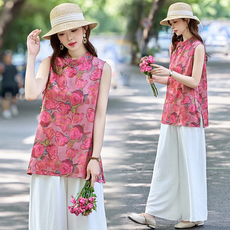 夏季新款新中式国风复古别致减龄设计感印花薄款衬衫阔腿裤两件套