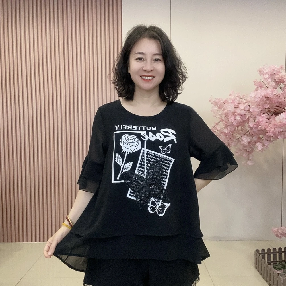 8496夏季新款大码女装印花蝴蝶上衣半袖双层宽松遮肉显瘦衬衫