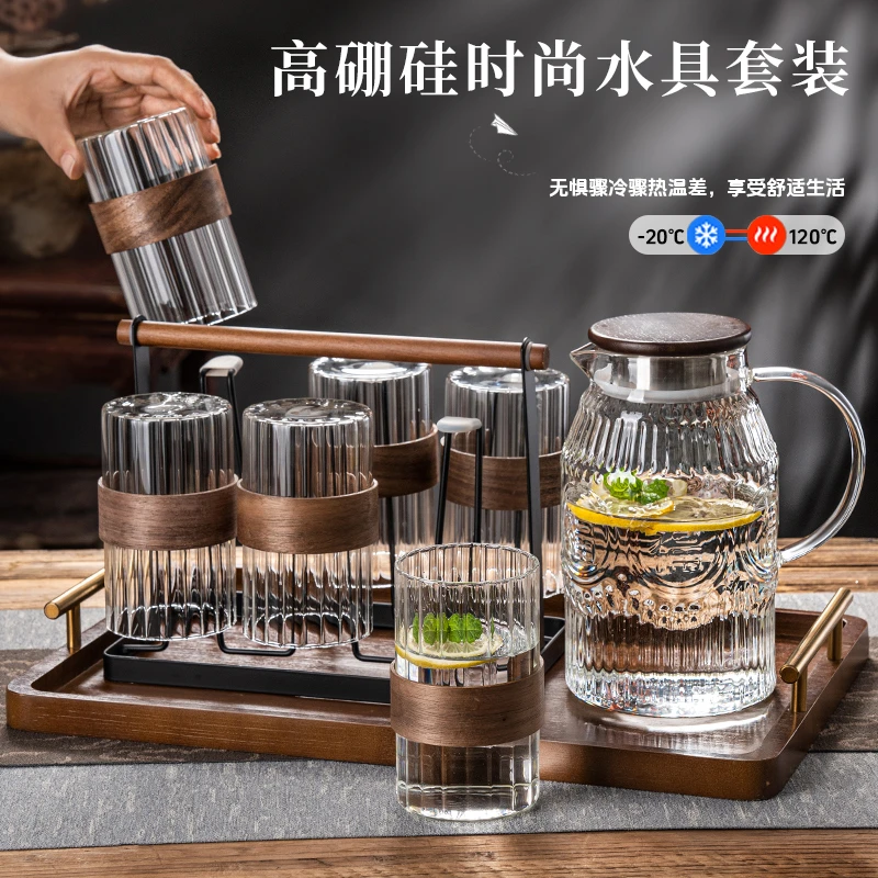 复古无铅高硼硅玻璃束腰水杯套装家用简约绫纹耐冷耐热福字凉水壶
