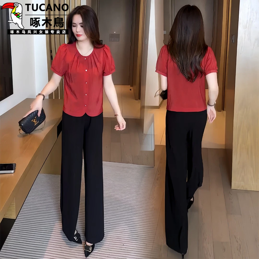 啄木鸟时尚洋气套装女2025夏季新款设计感冰丝短袖衬衫阔腿裤显瘦