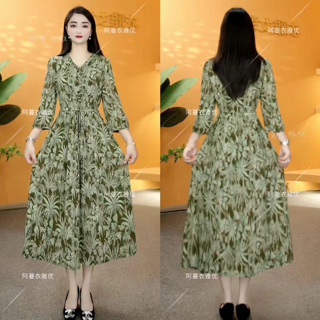 【衣雅严选】8102-1737#新款冰雪丝花边领中袖系带气质显瘦连衣裙