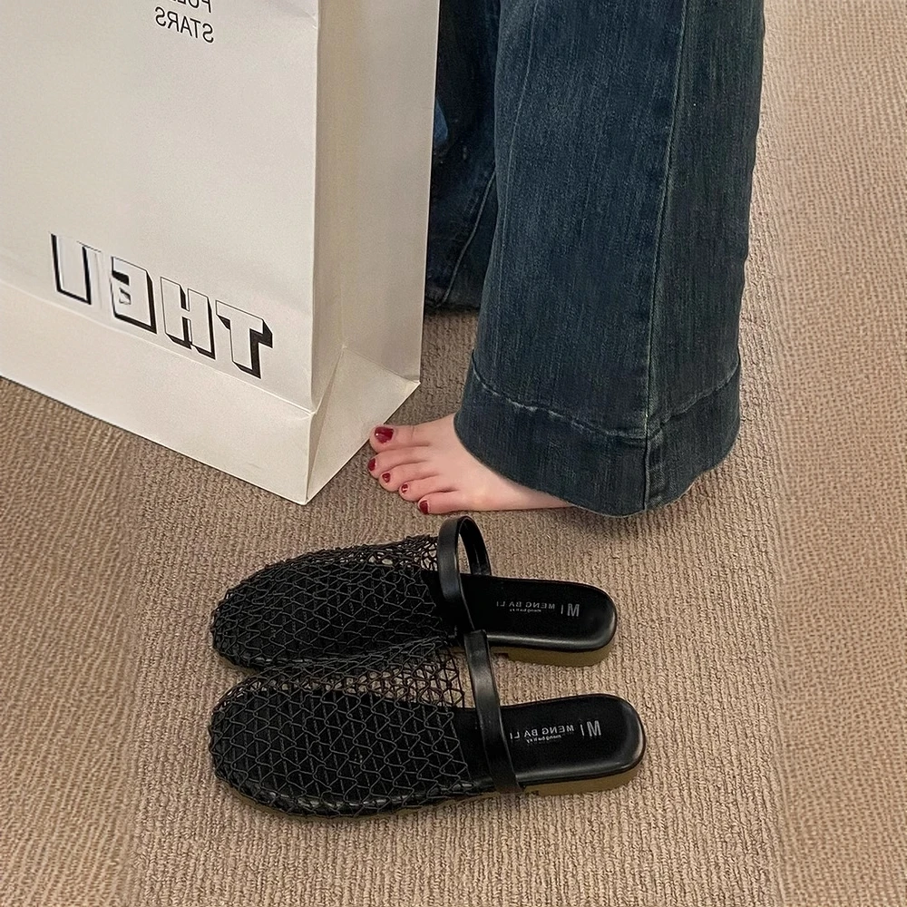 包头渔网半托鞋女外穿2025夏新款平底罗马镂空透气多巴胺百搭鞋子