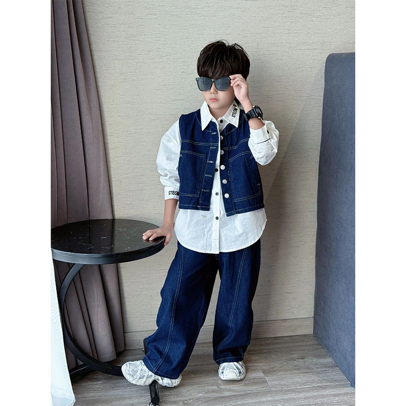 男童纯色简约牛仔马甲套装休闲时尚韩版宽松牛仔套装中大童三件套