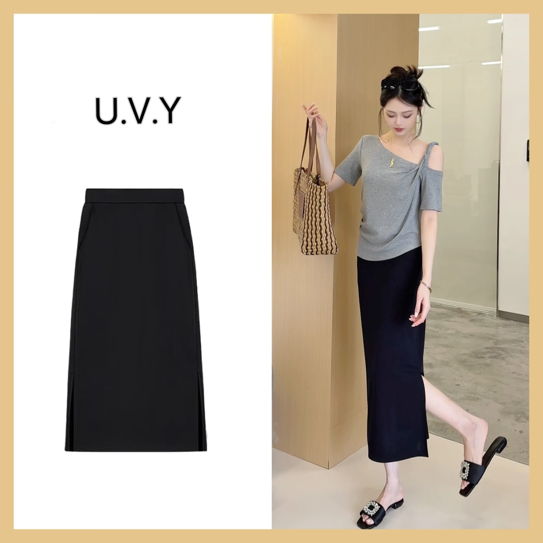 「子熙原创」直筒半身裙女中长款夏季薄款侧开叉黑色显瘦裙子3552