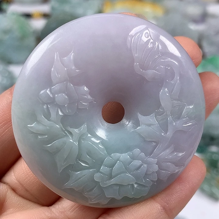 翡翠未镶嵌颈饰花开富贵平安扣两面工艺福利