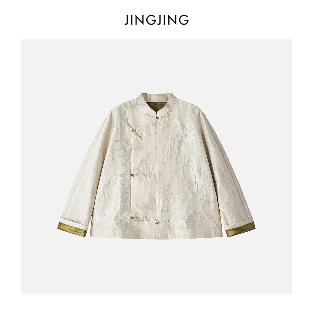 JINGJING2025新款“花鸟云纹”亚麻棉交织双层提花肌理感中式上衣