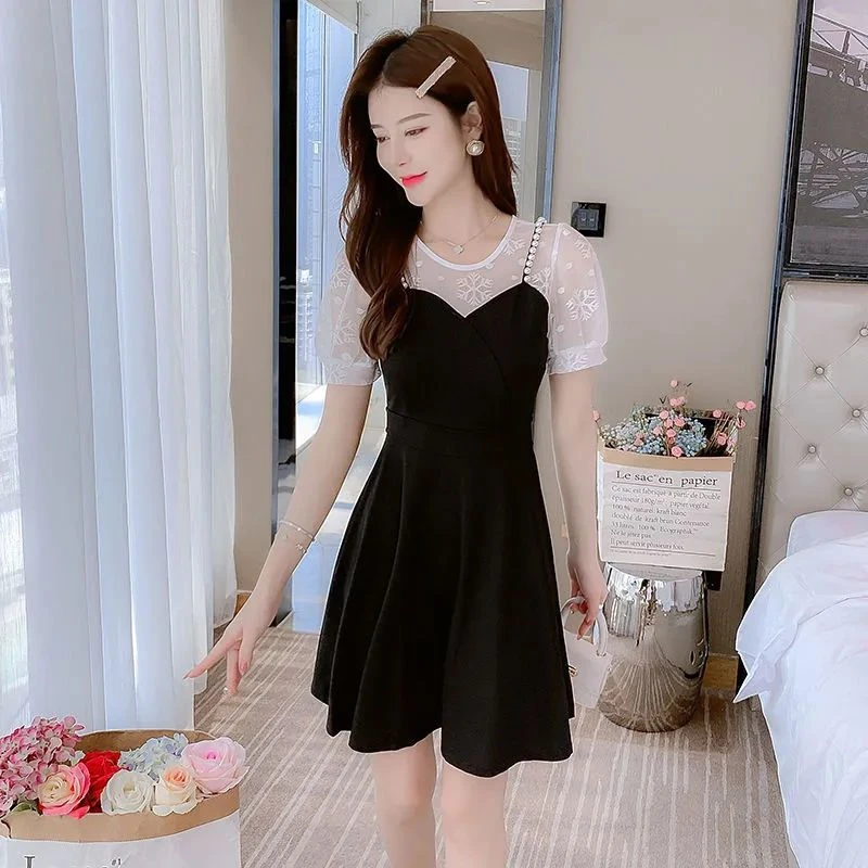 假两件2025新款连衣裙夏季小黑裙收腰显瘦矮个子气质网纱拼接裙子